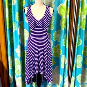Bebe Purple & White Striped High-Low Cutout Dress
